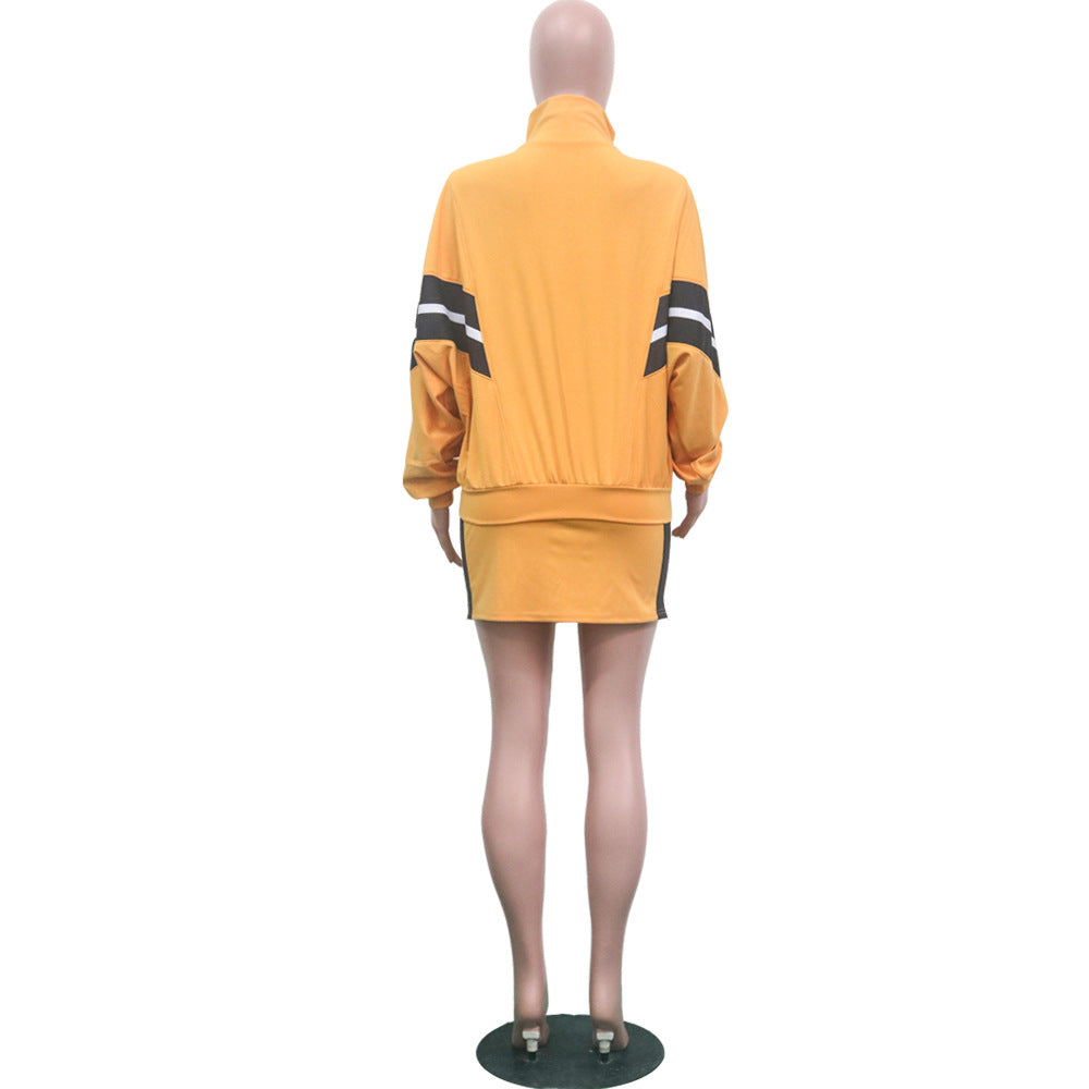 Autumn And Winter Two Piece Set Patchwork Casual Sports Long-Sleeved Jacket Short Skirt Set For Women 11