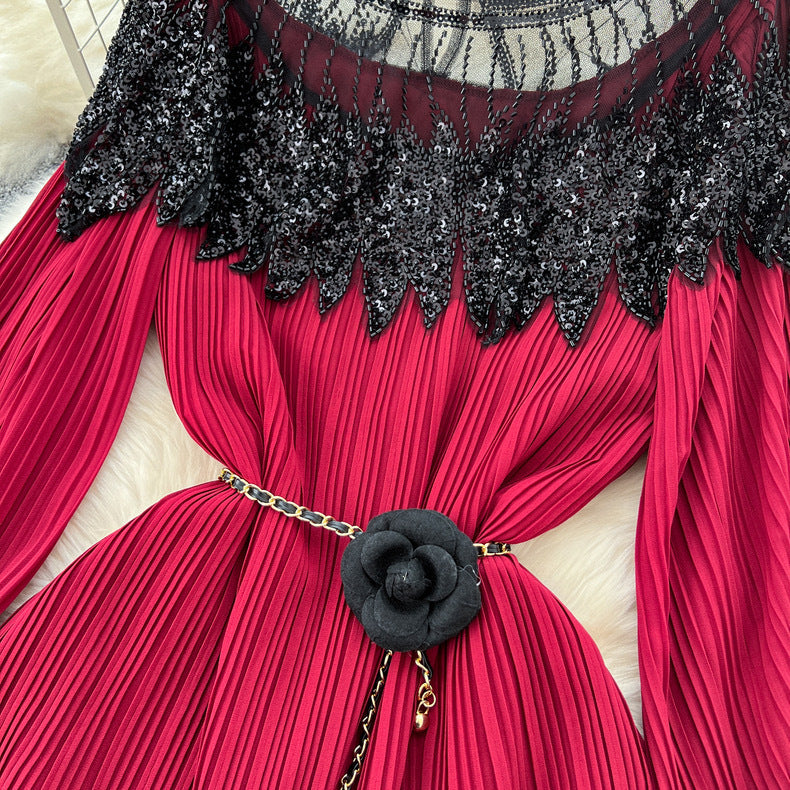 Beaded Chic Lantern Sleeve Pleated Dress 23