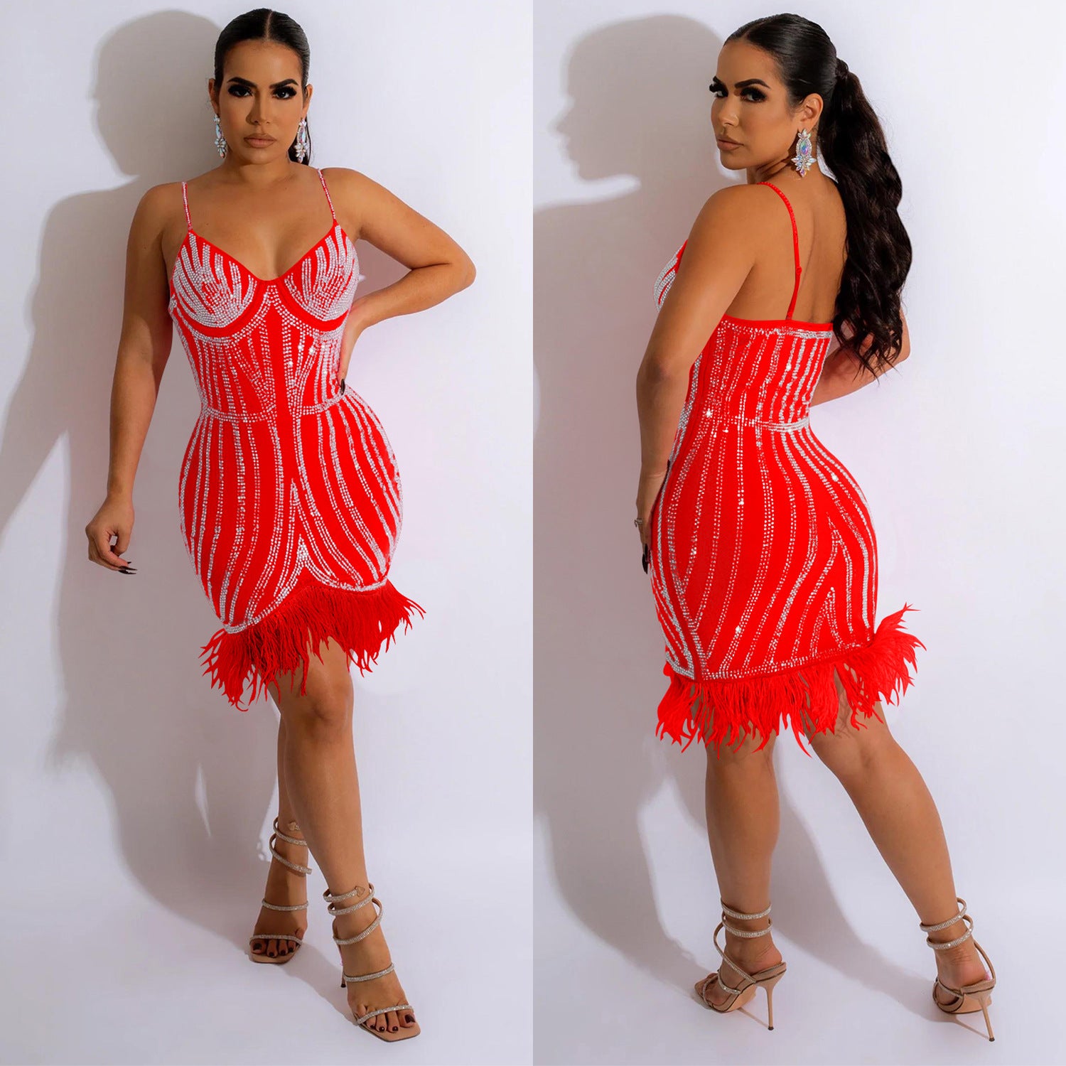 Women's Fashionable Sleeveless Beaded Feather Strap Club Dress 4