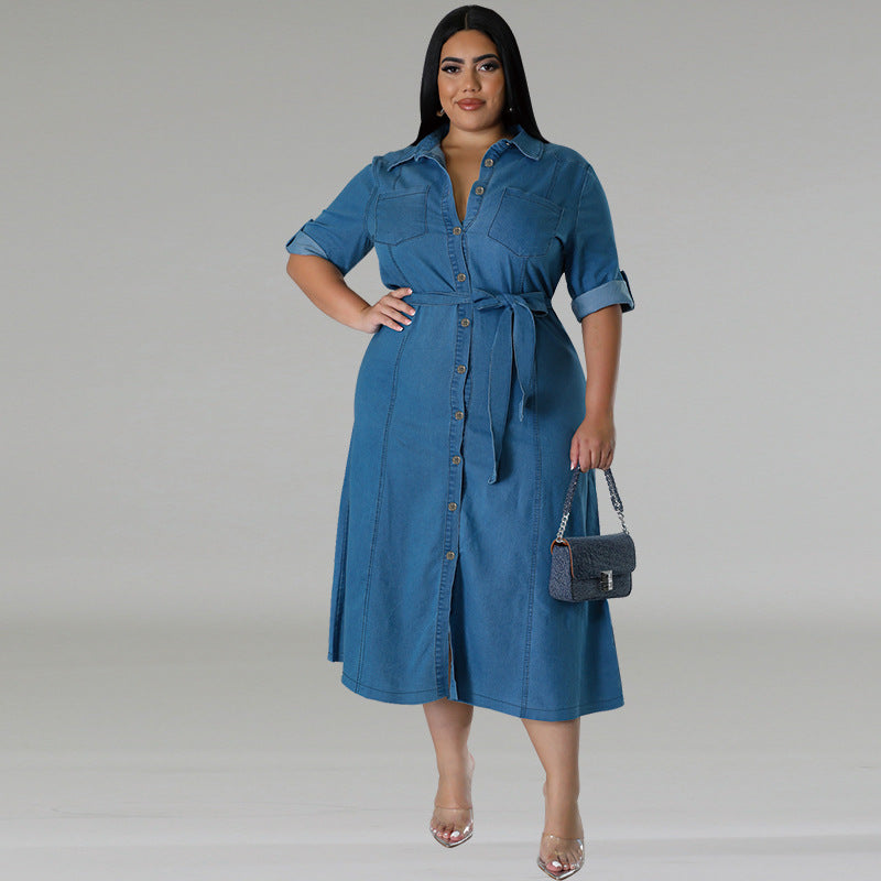 Plus Size Women Denim Turndown Collar Long Sleeve Lace-Up Maxi Dress 3