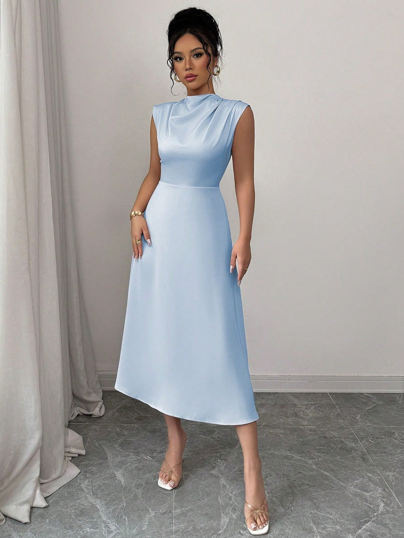 Women Summer Pleated Satin Maxi Dress