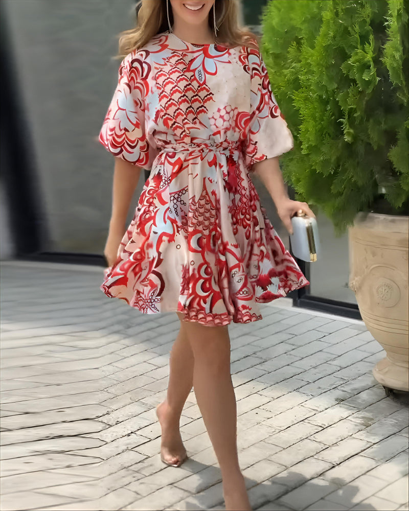 Women Red Abstract Geometric Pattern Puff Sleeve Lace-Up Bell Bottom Dress 6