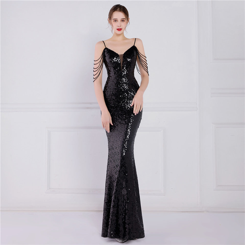 Women Summer Vintage Strap Sleeveless Solid Sequined Mermaid Evening Dress
