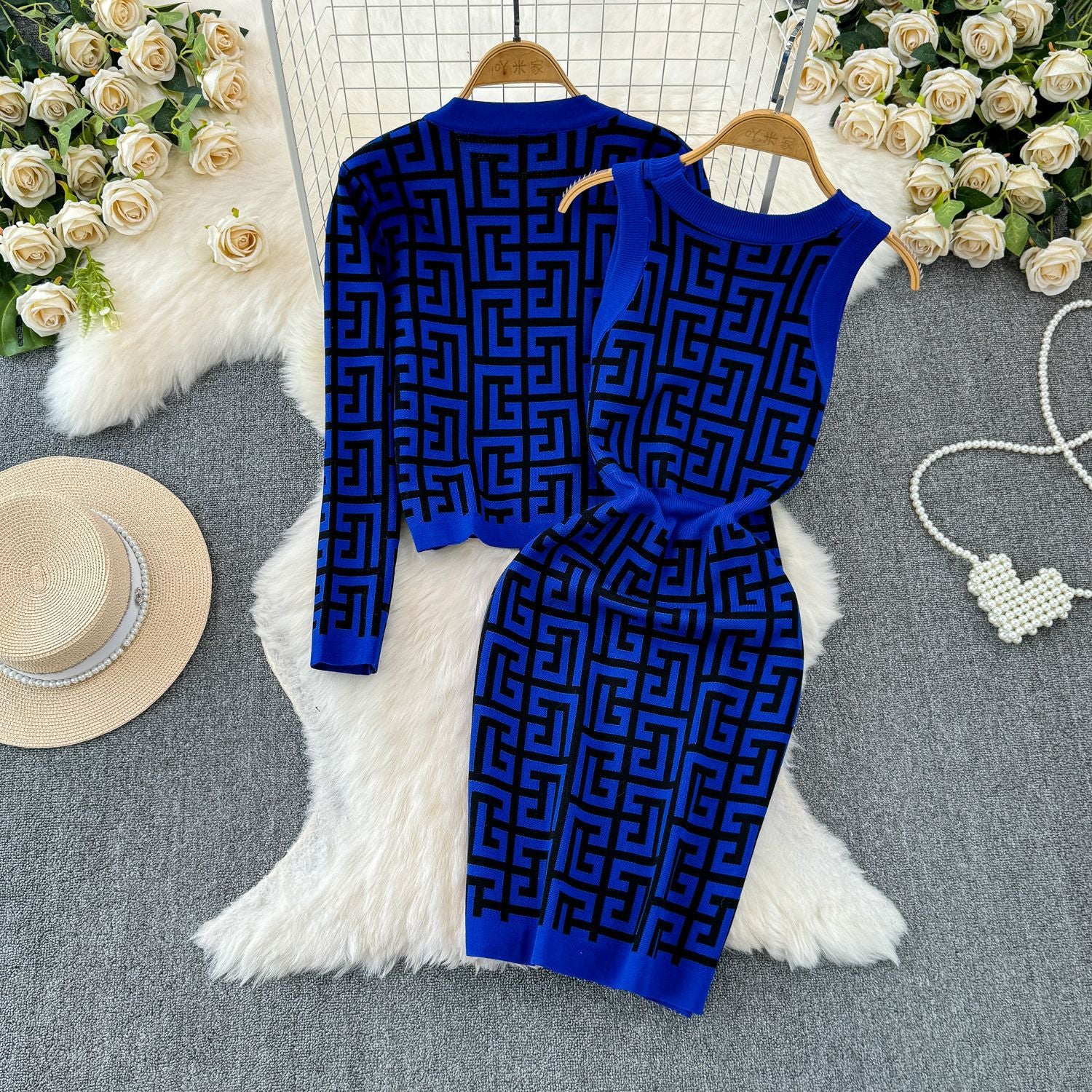 Women Cardigan Jacket Bodycon Dress Knitting Two-Piece Set 15