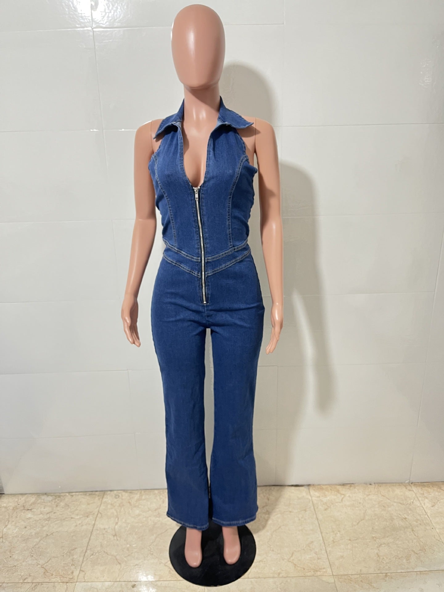 Women's Spring Sleeveless Fashion Halter Low Back Denim Jumpsuit 6