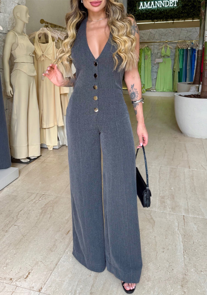 Women Buckled Sleeveless Wide-Leg Jumpsuit