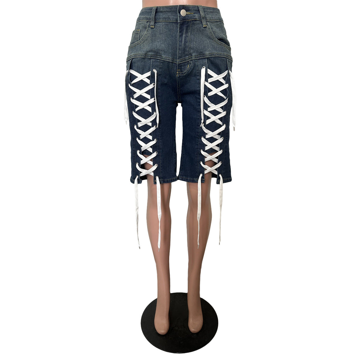 Women Retro Lace-Up Street Stretchy Washed Denim Shorts 8