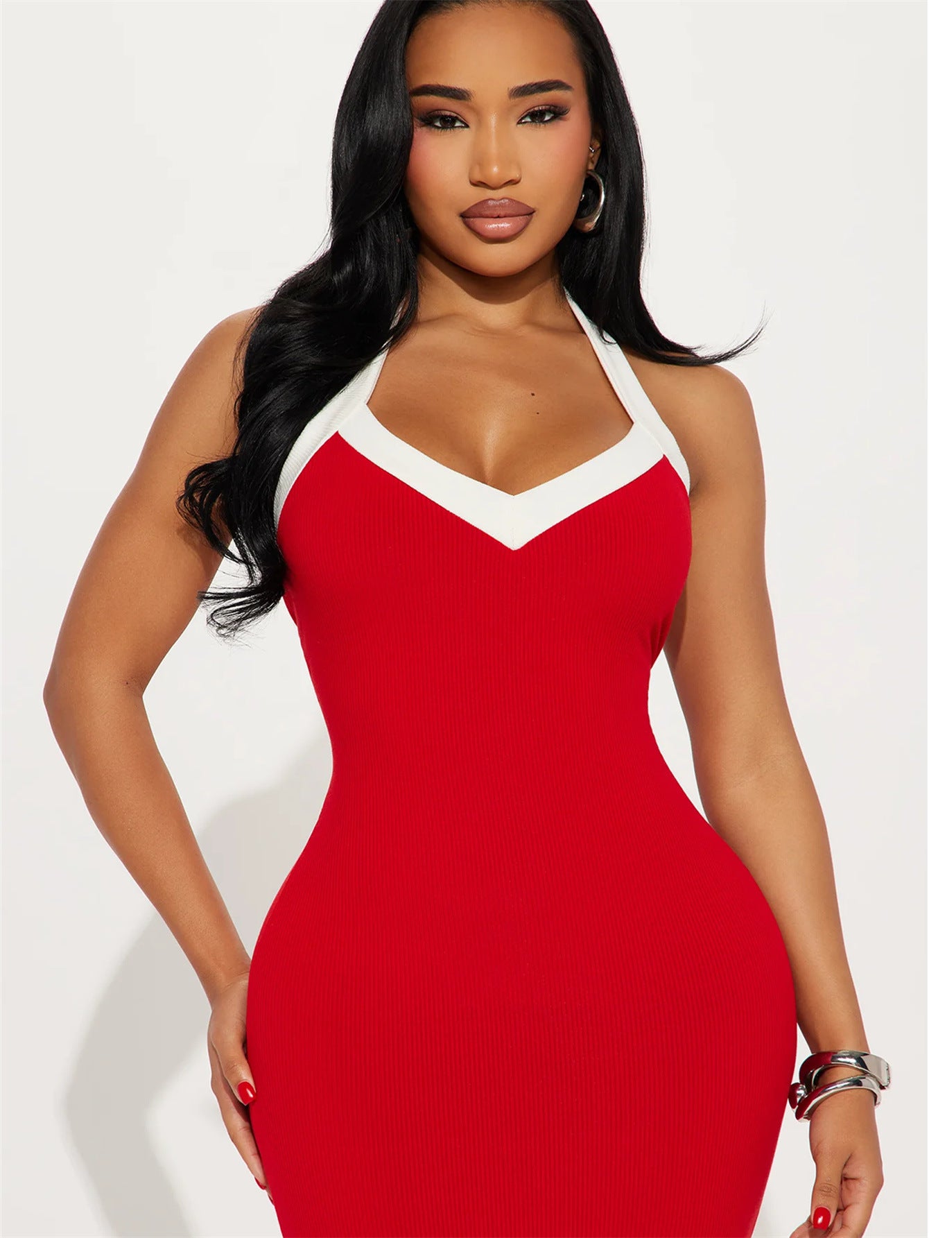 Women summer sexy solid Halter Neck backless dress 4