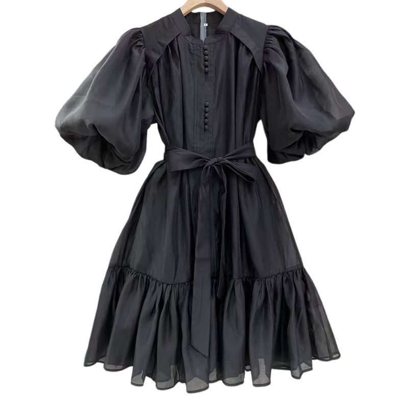 Women Solid Puff Sleeve Short Skirt Lace-Up Dress 11