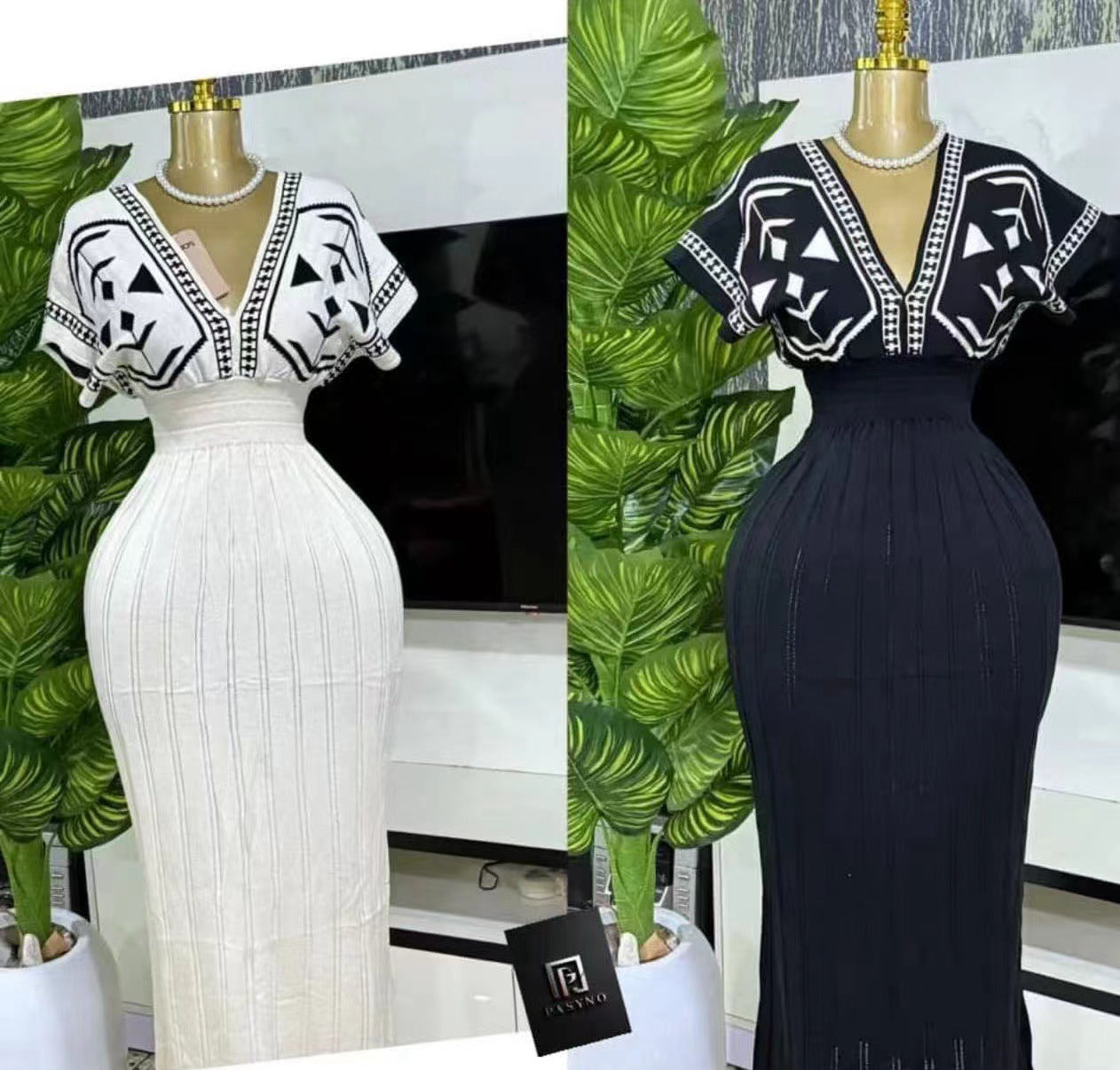 Women's Spring Elegant V-Neck High Waist Knit Jacquard Long Dress 5