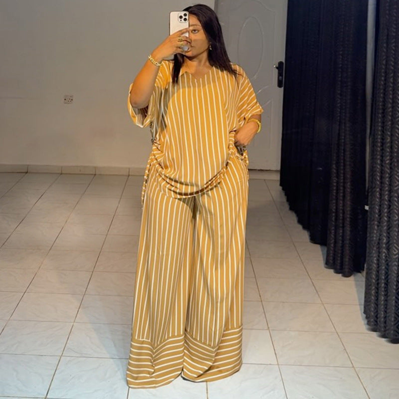 Women summer casual loose v-neck striped short-sleeved top and wide-leg pants two-piece set 6