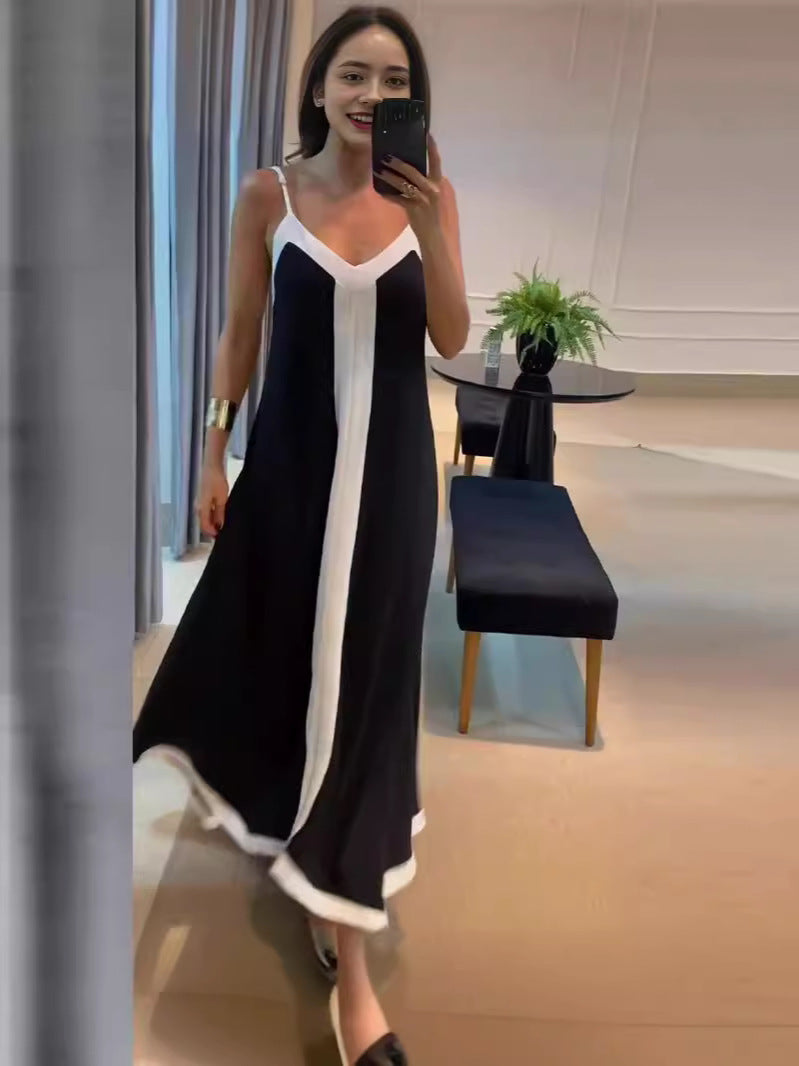 Women Elegant Contrast Color V Neck Strap Dress 5