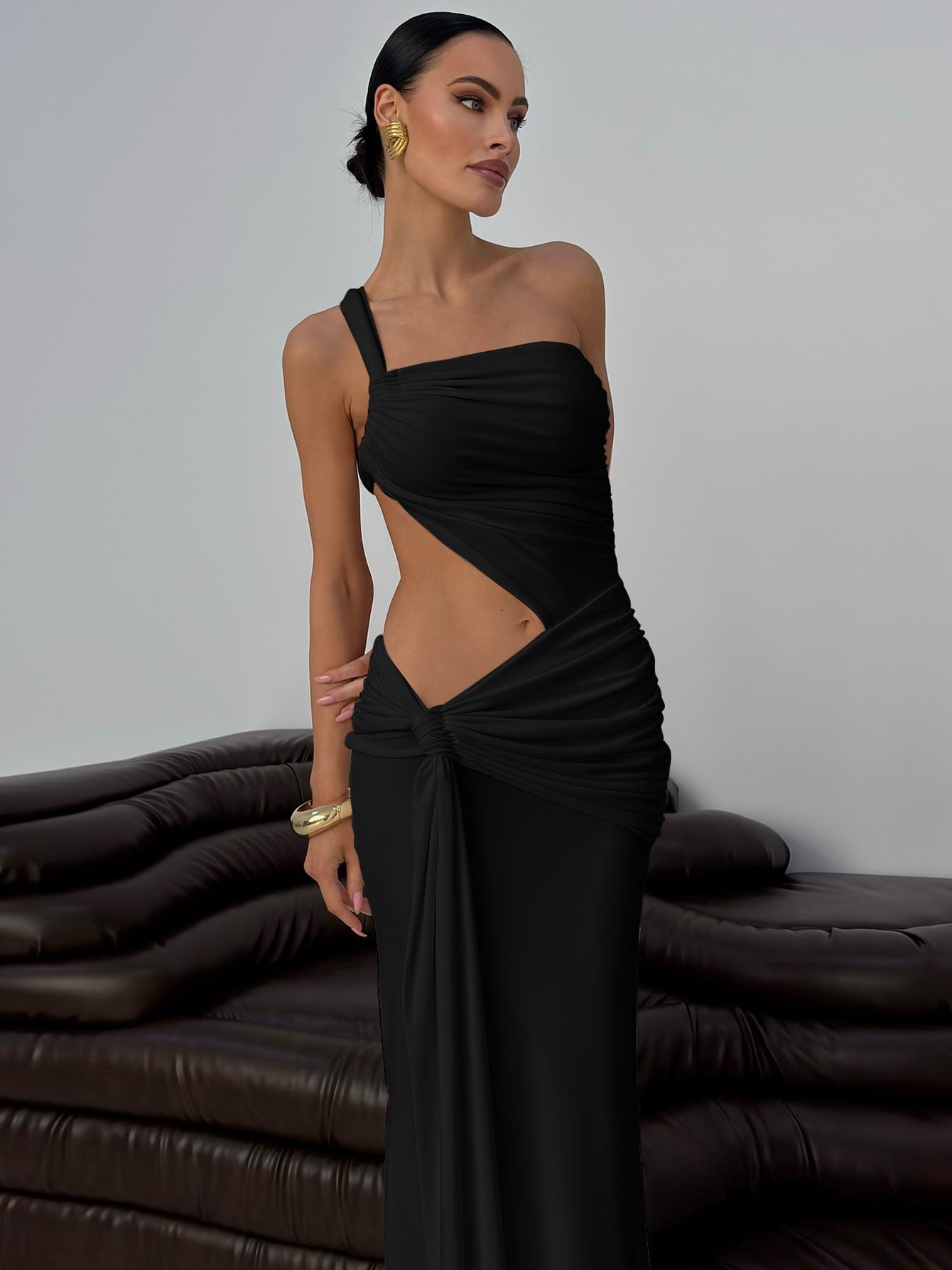 Sexy One-Shoulder Cut-Out Open Waist Slim Long Dress 7