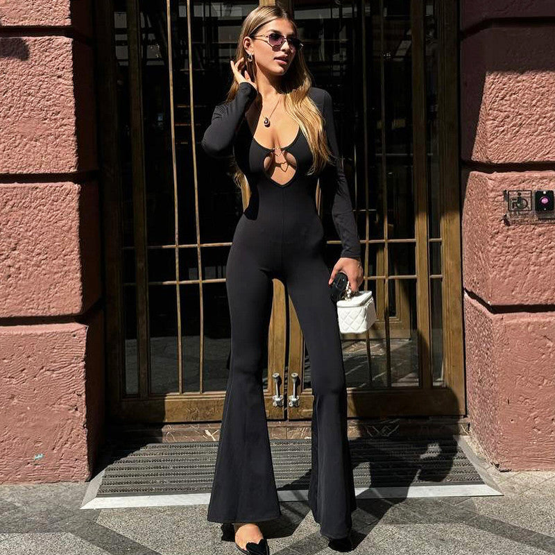 Women Solid long-sleeved v-neck Bell Bottom Jumpsuit 3