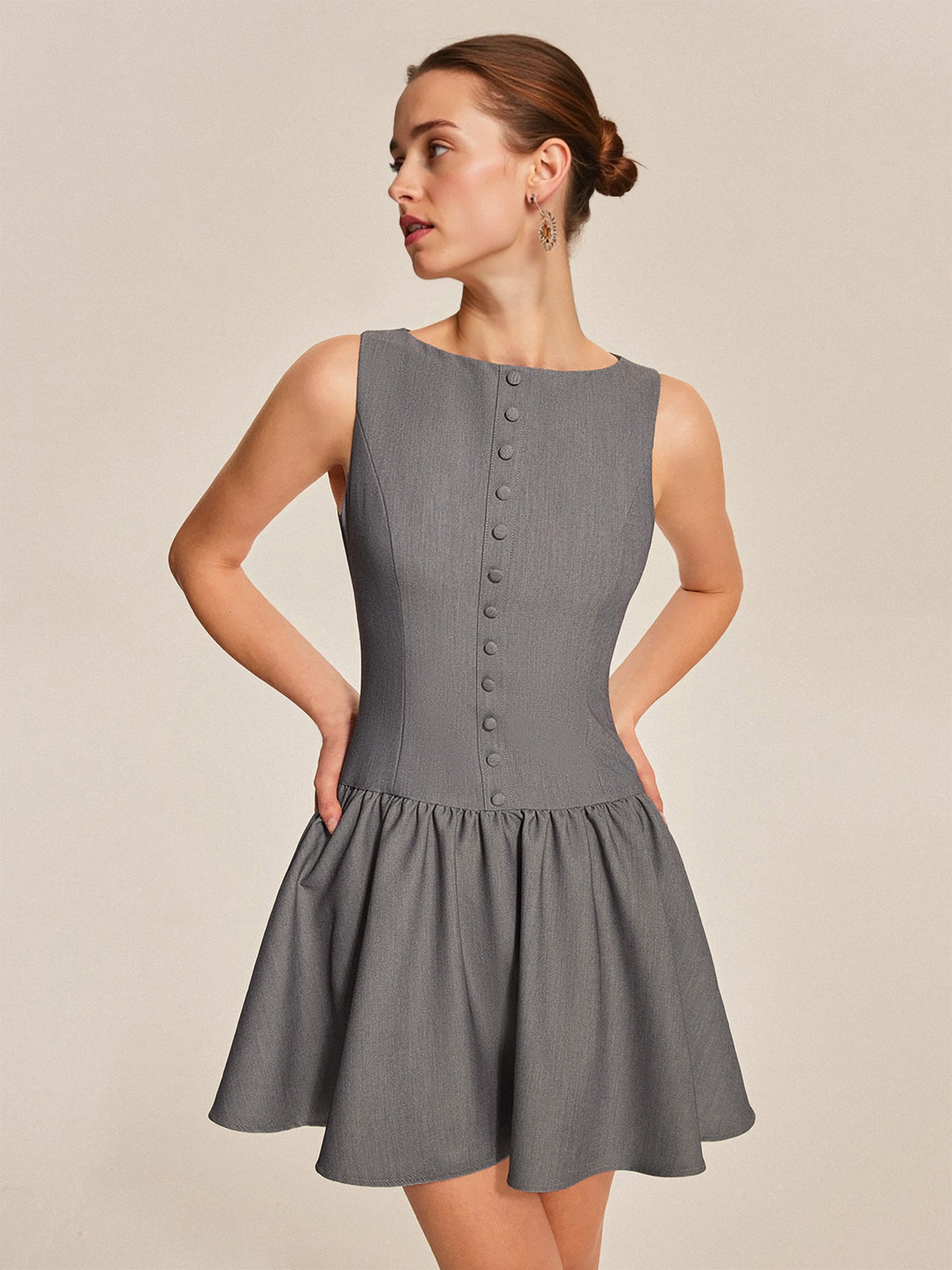 Women summer sleeveless Casual button ruffle elegant mini dress