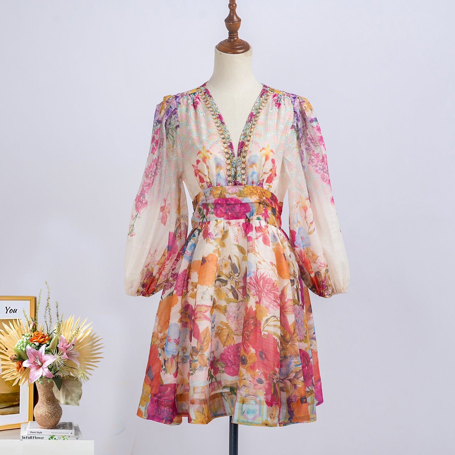 Spring Summer V neck Print Beaded Slim Waist A-line Holidays Dress 6