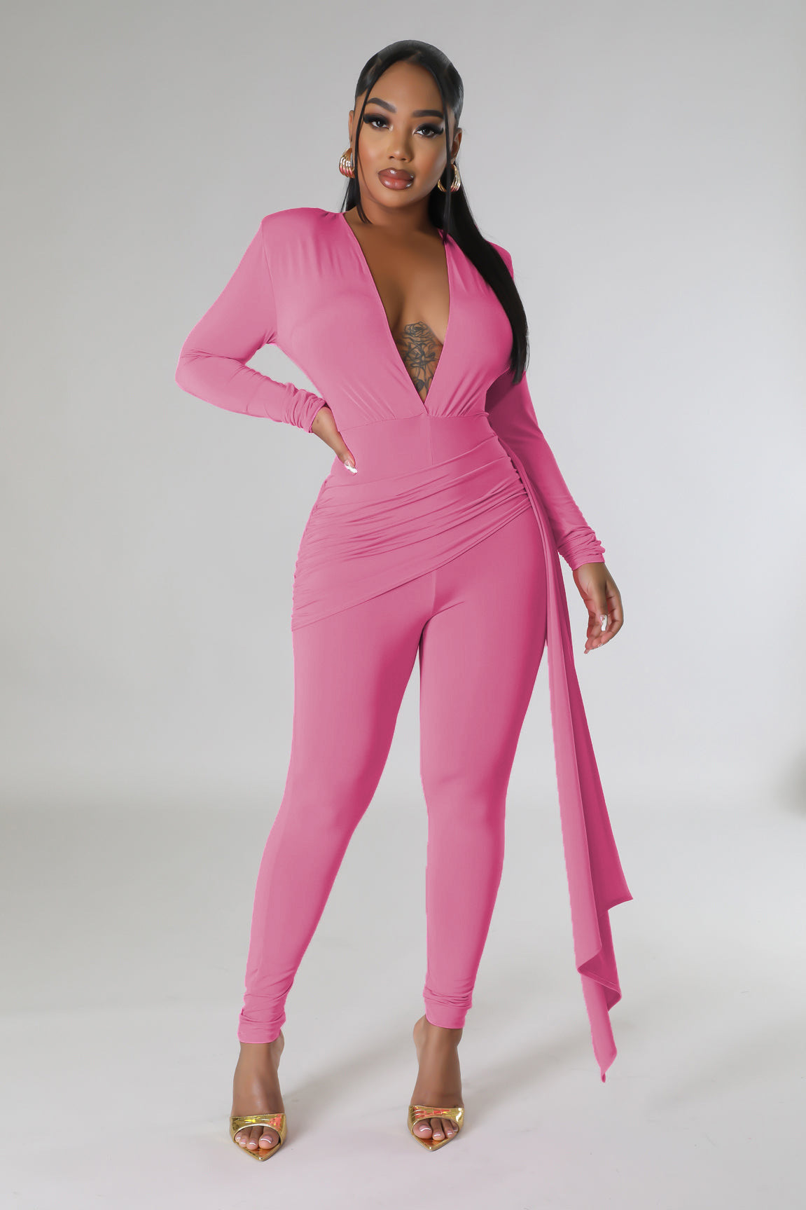 Women's Solid Color Sexy Deep V Neck Tight Fitting Long Sleeve Jumpsuit 5