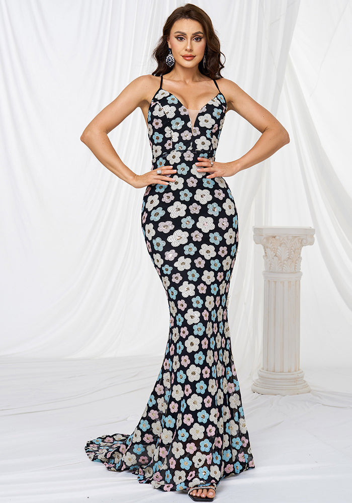 Women Suspender V Neck Bodycon Sequin Formal Party Fishtail Evening Dress