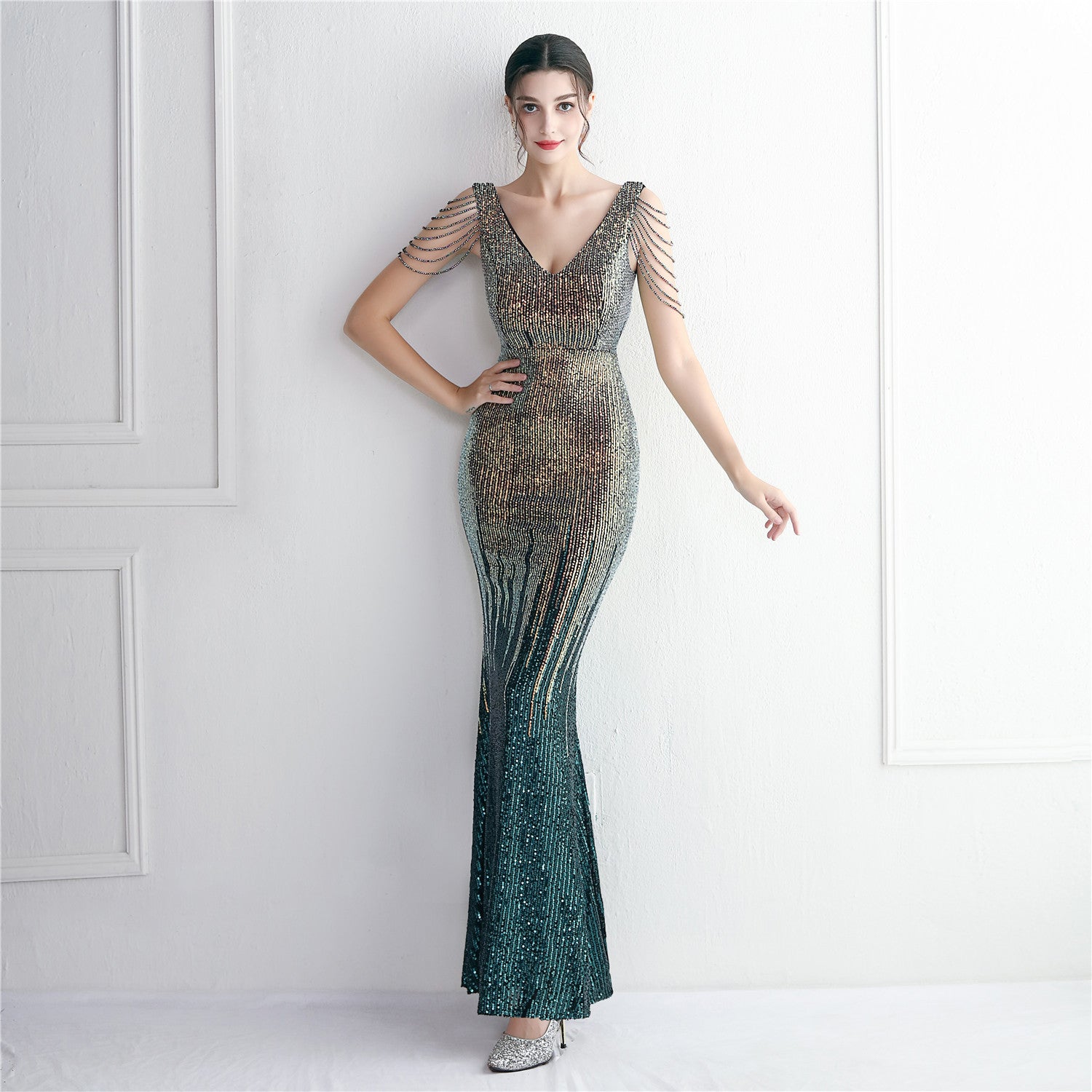 Mélange Sequin Beaded Evening Gown Long Formal Party Slim Evening Dress 12