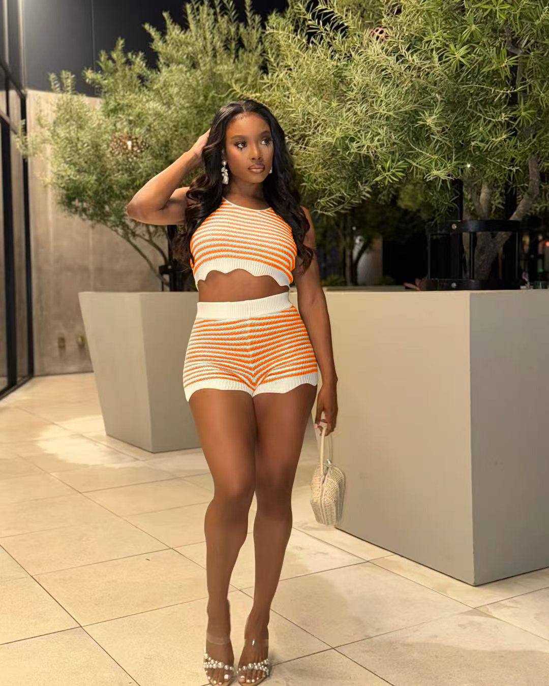 Fashion Casual Summer Contrast Color Knitting Short Sleeve Two Piece Shorts Set 7