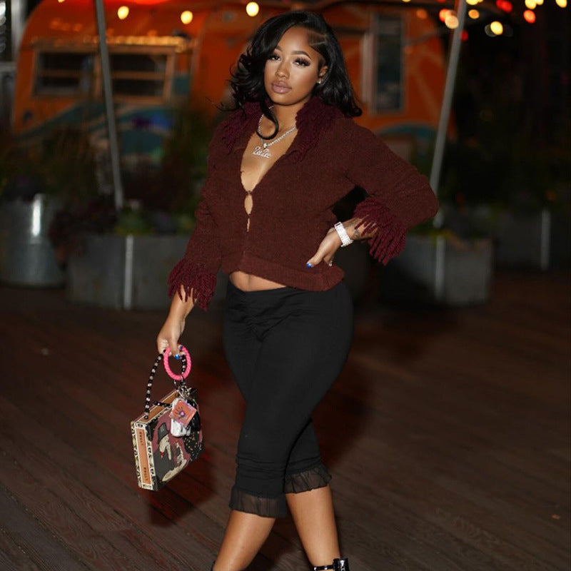 Women's Spring and Summer Ruffled V Waist Solid Color Elastic 7-point Casual Pants 27