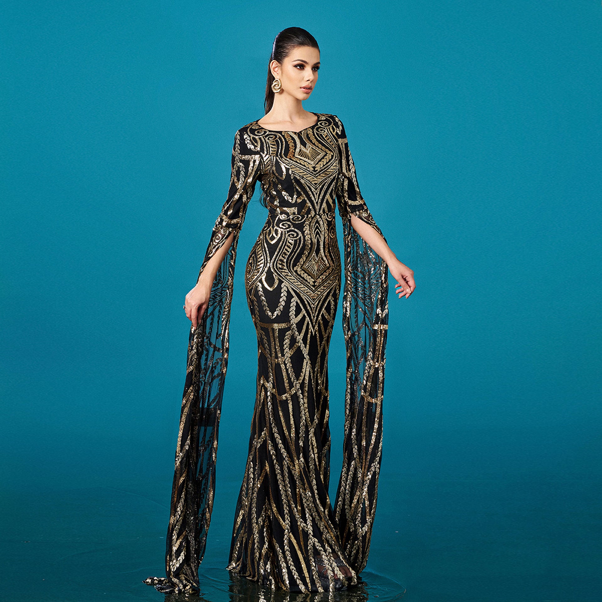 Women long sleeve Round Neck sequin Formal Party Bodycon fishtail evening dress