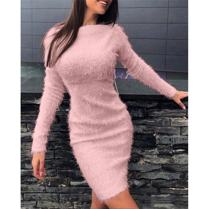 Women's Fall Winter Plush Slim Waist Long Sleeve Dress 7