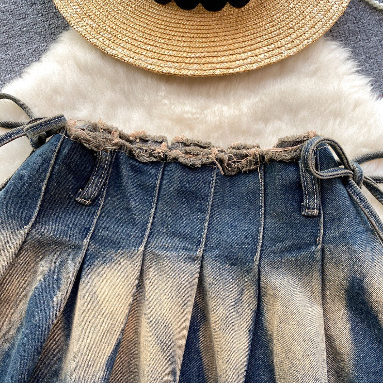 Women Vintage Pleated Bow Denim Skirt 8