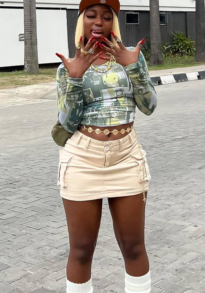 High-Waist Cargo Pocket Bodycon Mini Skirt