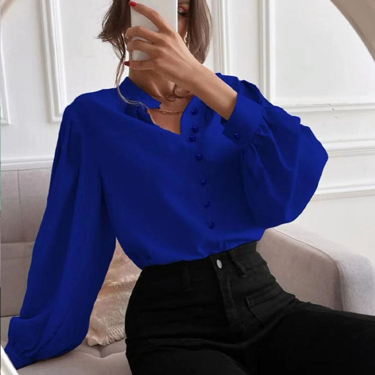 Women's Shirt Spring Elegant Solid Color Long Sleeve Button Loose Women's Top 10