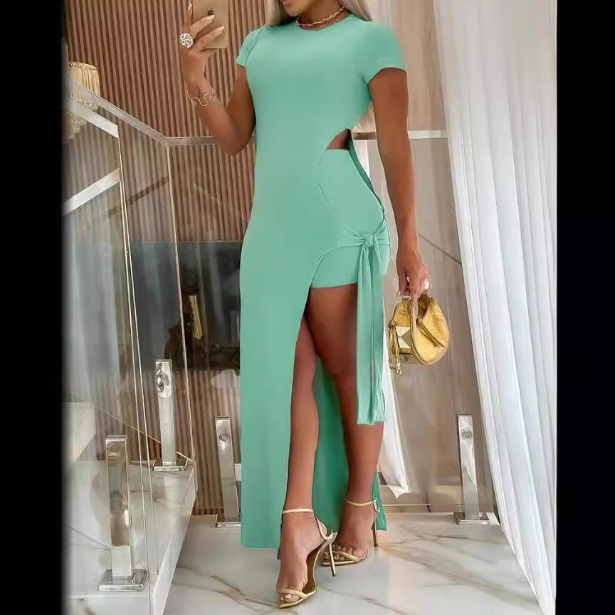 Spring Summer Solid Color Slim Sexy Slit Dress  Shorts Two Piece Set 8
