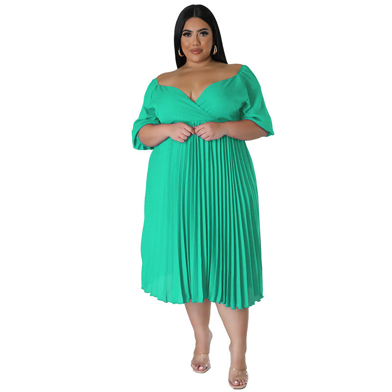 Women's V Neck Hem Pleated Short Sleeves Plus Size Dress 14