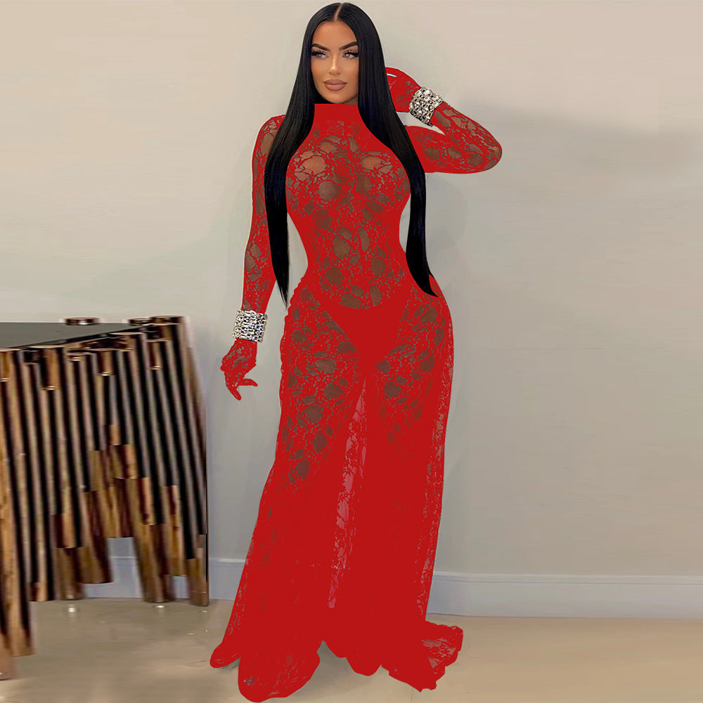 Sexy Women's Sexy See-Through Lace Low Back Lace-Up Jumpsuit