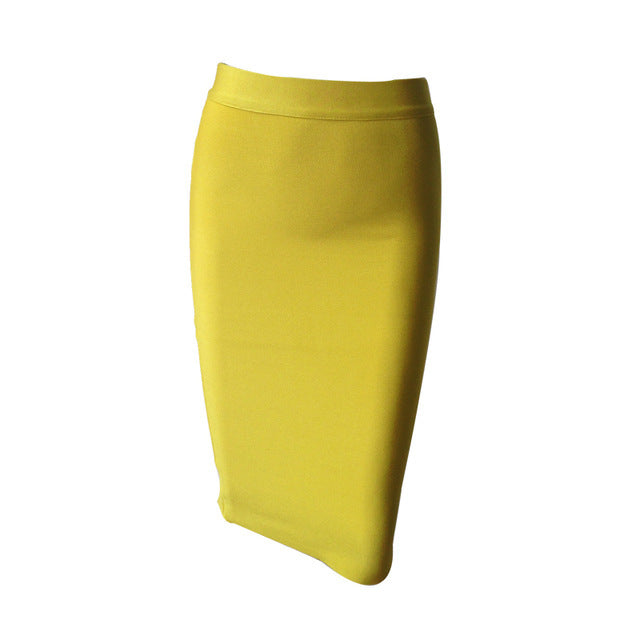 Ladies Fashion Elegant Solid Color Knee Length High Waist Elastic Bodycon Skirt 11