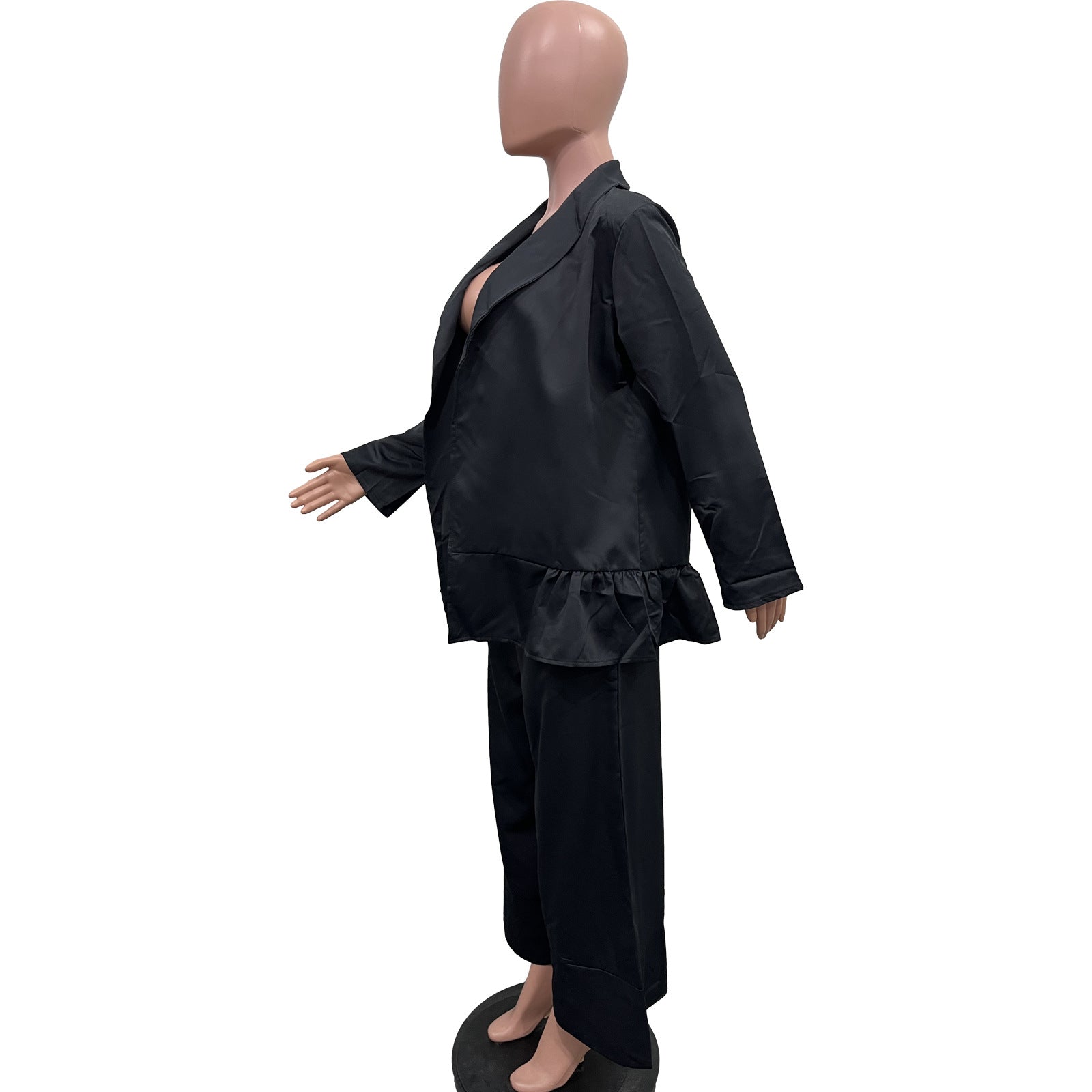 Women's Turndown Collar Jacket High Waist Loose Pants Suit 11