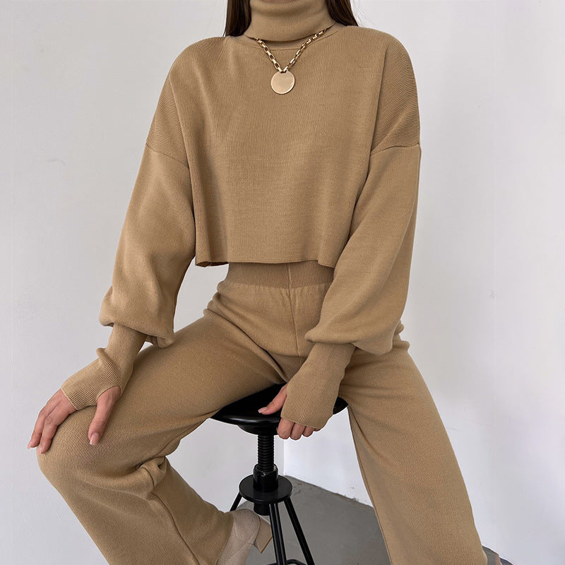 Women Casual High Neck Loose Long Sleeve Top and Pant Two-piece Set 19