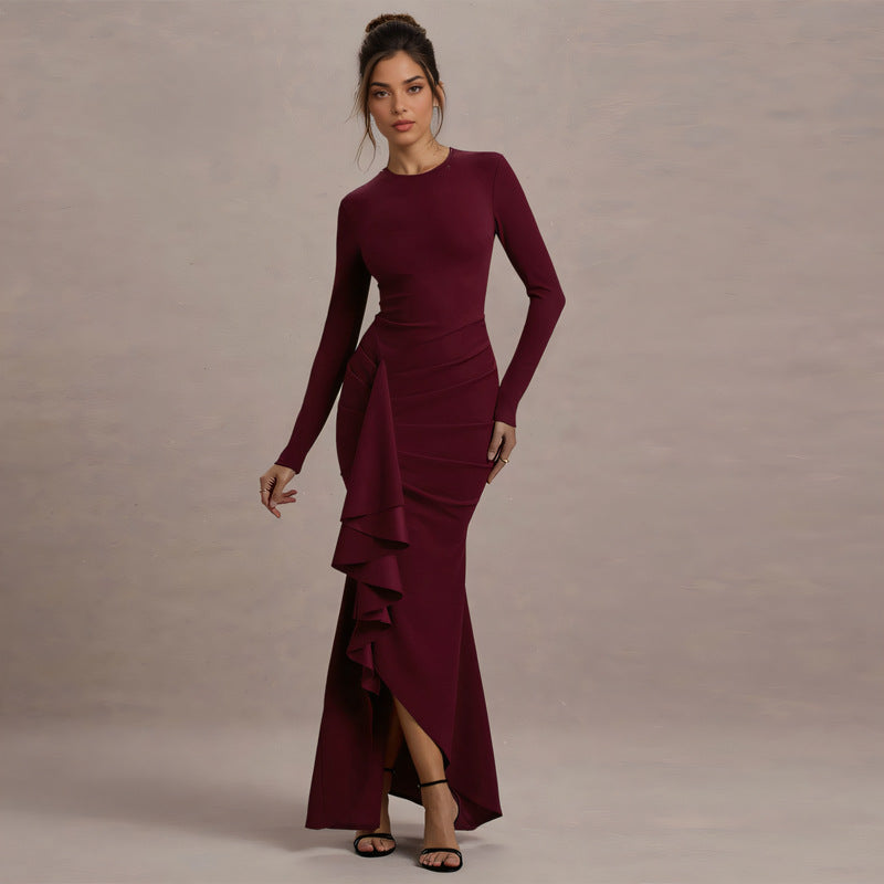 Long-Sleeve Thin Strap Slim Dress with Flounce for Fall and Winter 5