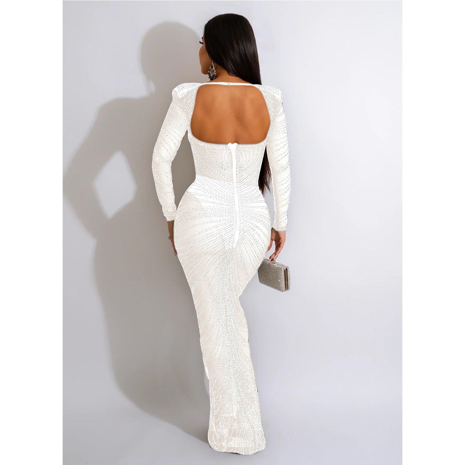 Fashion Women'S Rhinestone Beaded Mesh See-Through Long-Sleeve Backless Evening Party Long Dress 7