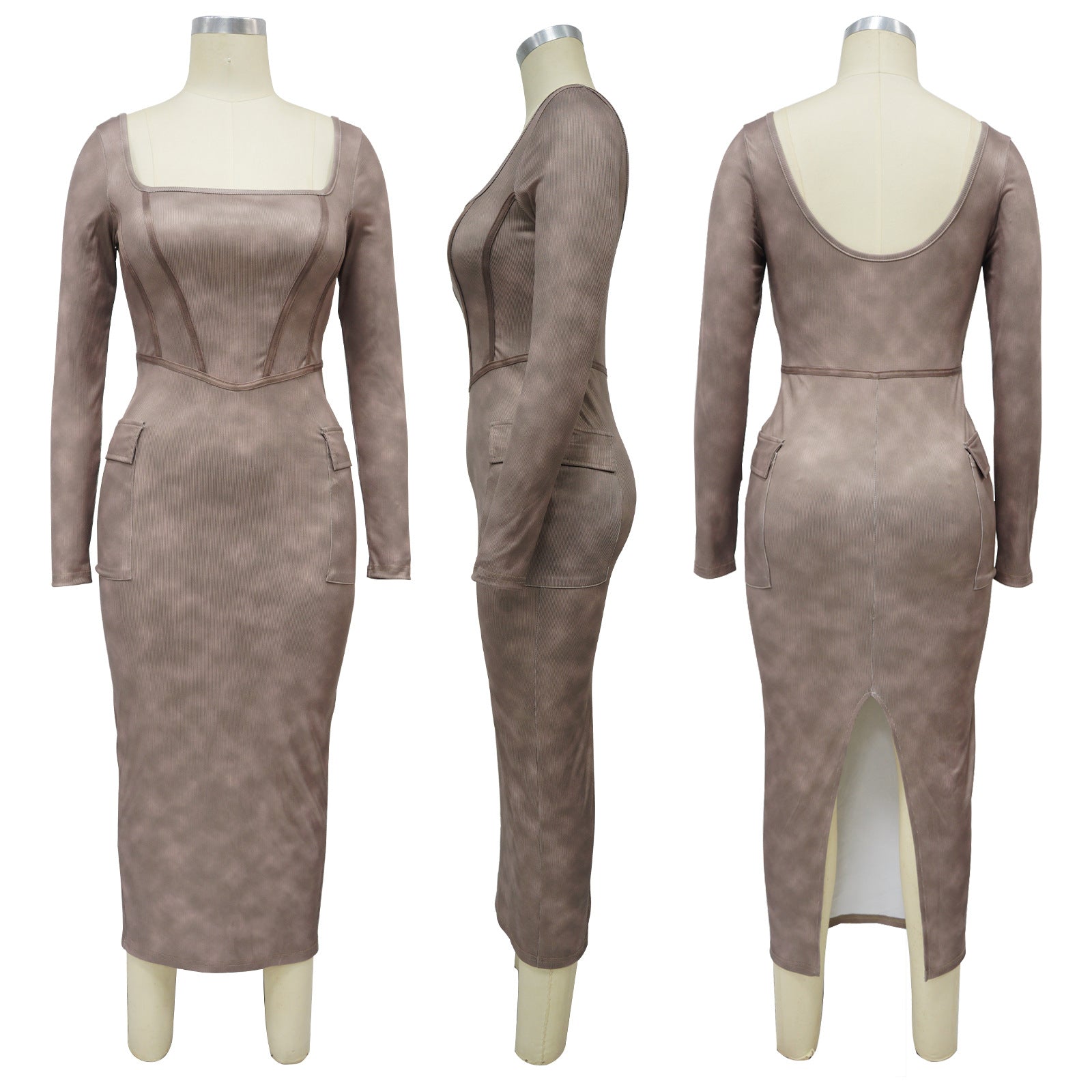 Women Sexy Long Sleeve Square Neck Slit Dress 16