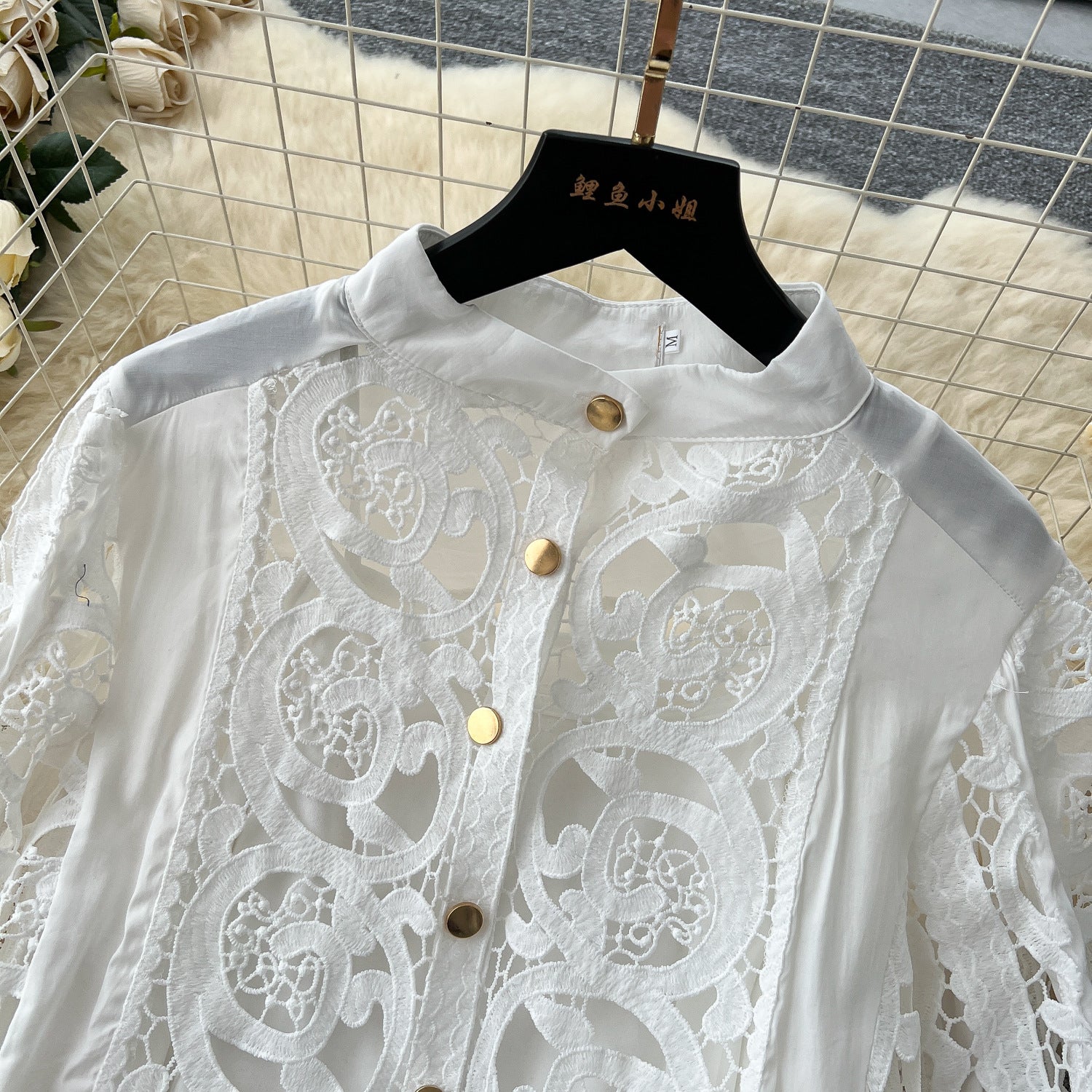 Autumn Lace Sheer Embroidered Blouse High Waist Midi Skirt Set 11