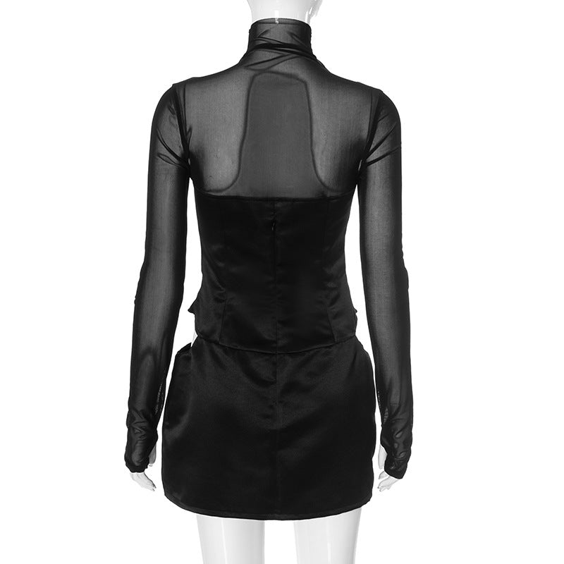 Mesh Patchwork High-Neck Sexy Slim Hollow Cut Bodycon Short Dress 6
