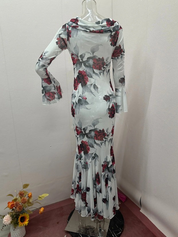 Women autumn French print fishtail bodycon dress 5