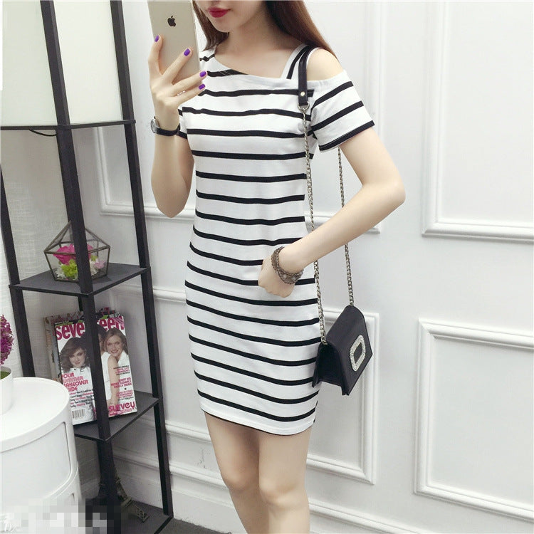 Women Slash Shoulder Striped Suspender Sexy Dress 5