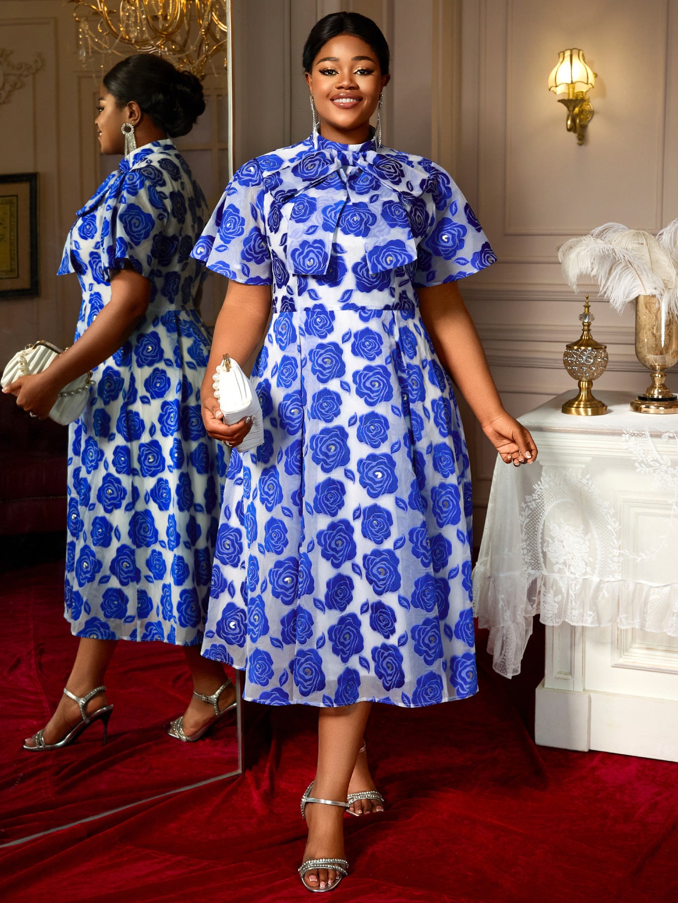 Semi-High Neck Lace-Up Bow Tie Collar A-Line Elegant Short Sleeve Party Dress