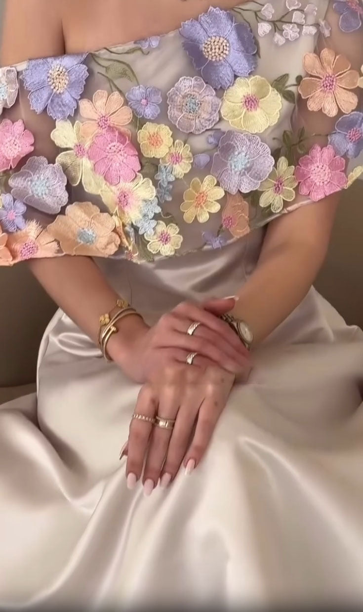 Women Casual Round Neck Embroidered Flower Puff Sleeve Dress 6