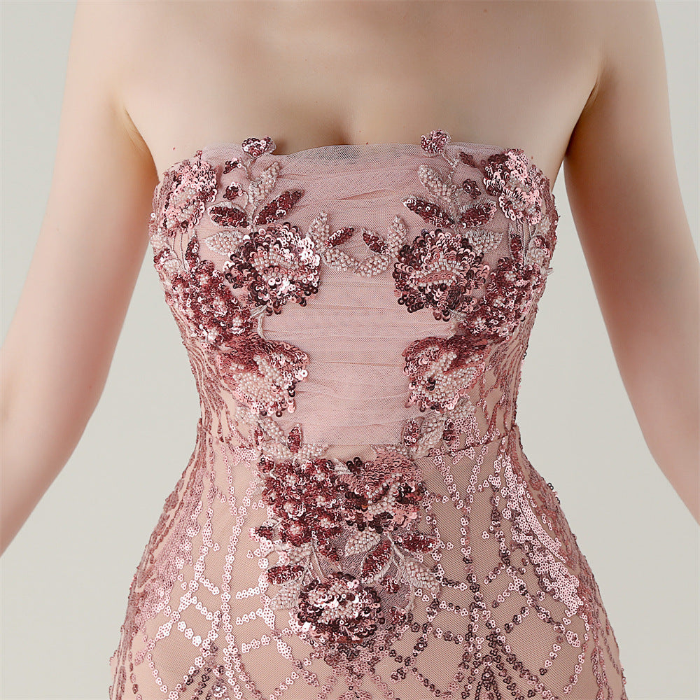 Women Strapless cross Lace-Up sequined tube flower sequined mesh evening dress Formal Party evening dress 88