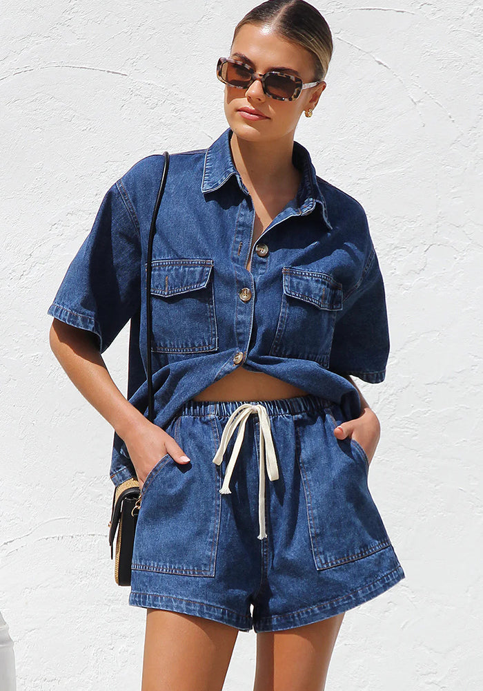 Women Summer Casual Loose Pocket Short Sleeve Shirt and Shorts Denim 2-Piece Set