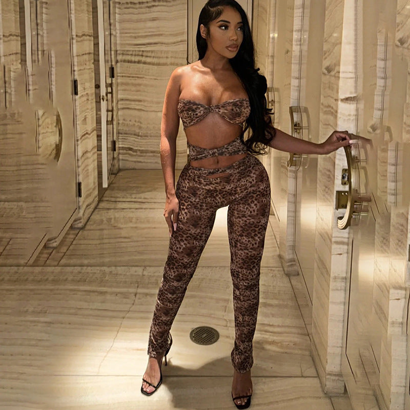 Women Leopard Print Sexy Hollow Crop Jumpsuit