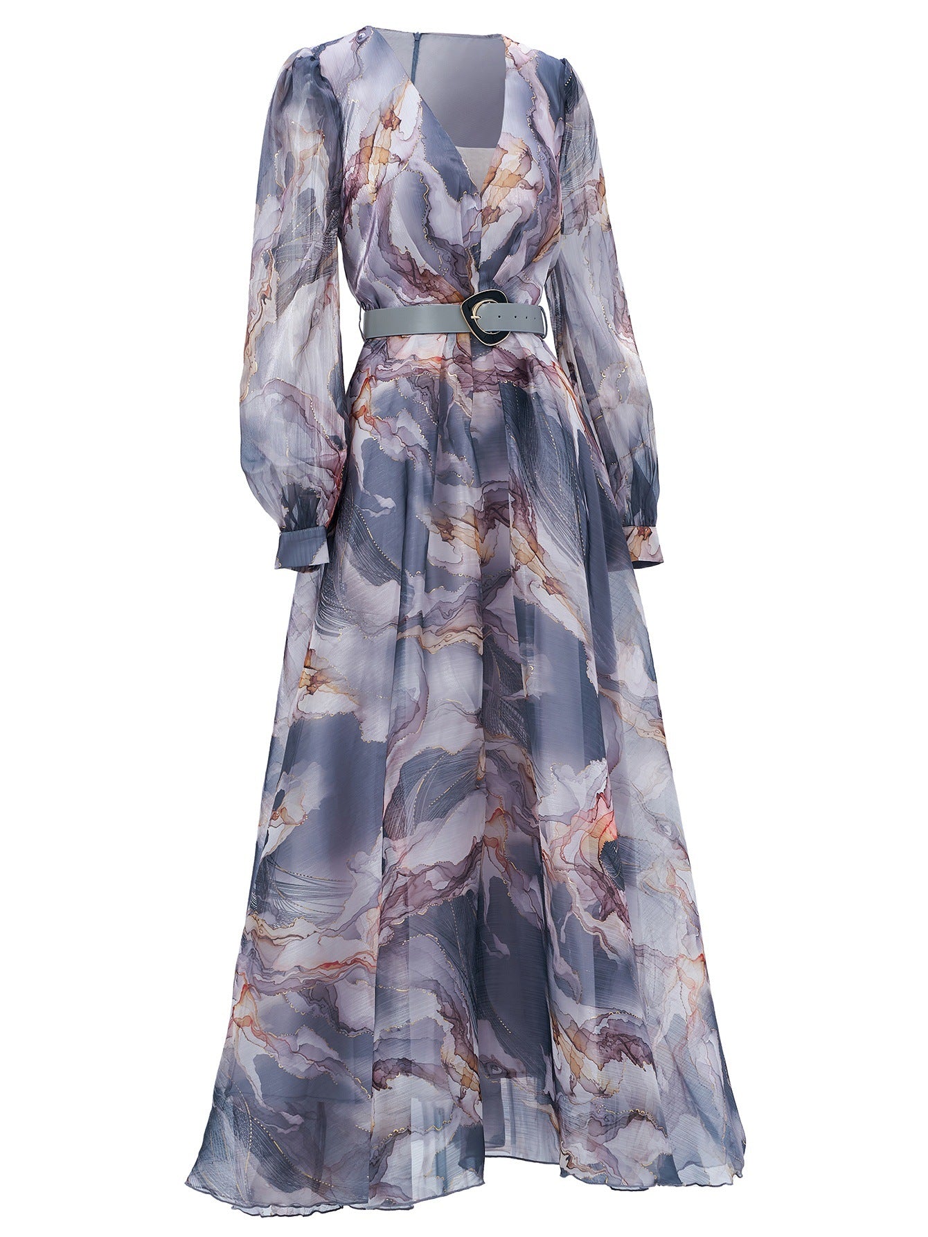 Women long-sleeved V-neck pleated Formal Party mesh dress 10