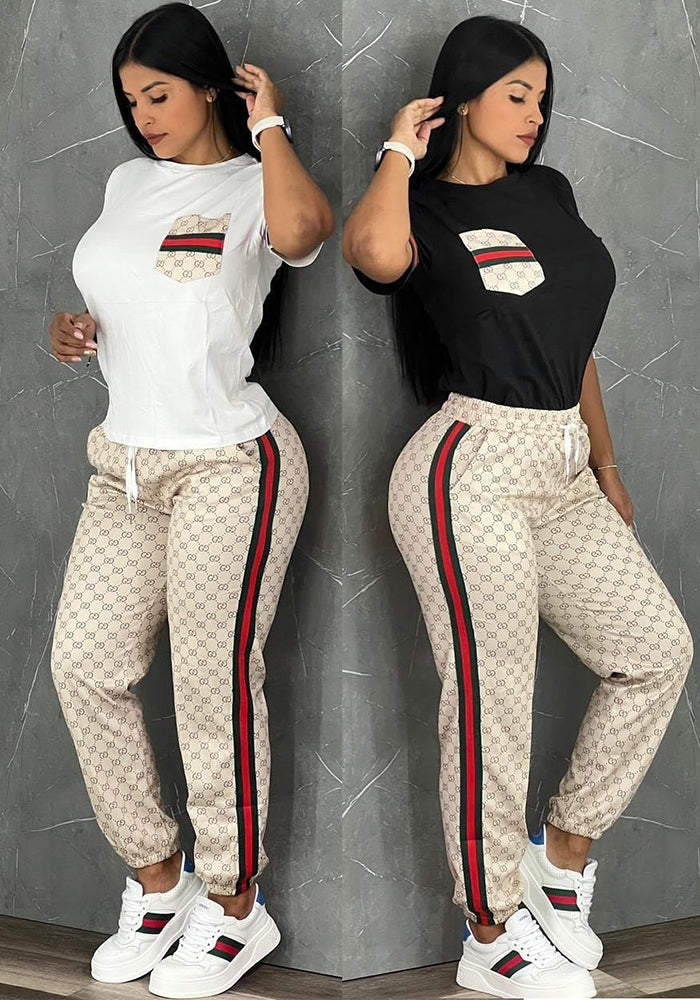 Women Contrast Color Printed Short Sleeve Top and Pants Two-piece Set